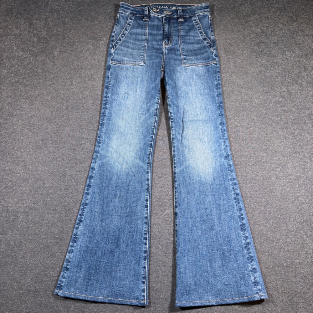 American Eagle Super High Rise Flare Jeans Women 4 Blue Denim Stretch Boho Mom